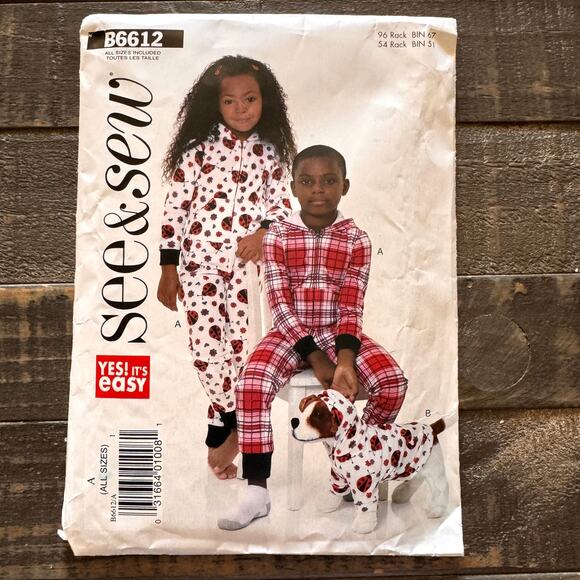 Butterick See & Sew B6612 Kids Pajama Jumpsuit & Dog Coat Pattern - Picture 1 of 3